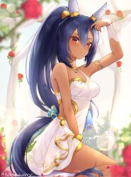 Rule 34 | 1girl, bare shoulders, black hair, blush, breasts, cleavage, corrupted twitter file, dark-skinned female, dark skin, dress, ear covers, flower, from side, hair between eyes, highres, hishi amazon (hungry veil) (umamusume), hishi amazon (umamusume), horse girl, horse tail, long hair, medium breasts, official alternate costume, official alternate hairstyle, peteron, ponytail, red eyes, red flower, red rose, rose, sitting, sleeveless, sleeveless dress, solo, tail, twitter username, umamusume, white dress
