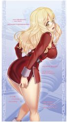 Rule 34 | 1girl, ass, back, black panties, blush, breasts, character name, elise montana, english text, glasses, heavy object, highres, large breasts, long hair, looking at viewer, looking back, nagi ryou, open mouth, panties, solo, thighs, underwear, uniform, wavy hair, yellow eyes