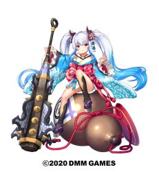 Rule 34 | blue hair, blush, club (weapon), cup, gemini seed, gourd, highres, holding, holding weapon, horns, japanese clothes, kimono, long hair, multicolored hair, nakaishow, obi, oni, red eyes, sakazuki, sash, shoes, smile, twintails, two-tone hair, very long hair, watermark, weapon, white hair