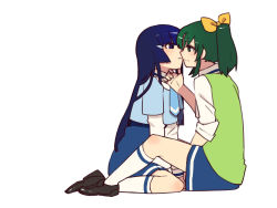 Rule 34 | 10s, 2girls, aoki reika, bad id, bad pixiv id, blue necktie, blush, couple, eye contact, grabbing another&#039;s chin, green eyes, green hair, hand on another&#039;s chin, highres, imminent kiss, kneehighs, light smile, long hair, looking at another, midorikawa nao, multiple girls, necktie, ponytail, precure, school uniform, simple background, sitting, sleeves rolled up, smile precure!, socks, wariza, white background, yomosaka, yuri