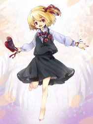Rule 34 | 1girl, ascot, barefoot, blonde hair, fang, female focus, hair ribbon, long sleeves, looking at viewer, mary janes, murani, nail polish, open mouth, outstretched arms, red eyes, red footwear, ribbon, rumia, shirt, shoes, unworn shoes, skirt, skirt set, solo, touhou, vest