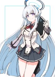 Rule 34 | 1girl, absurdres, anchor symbol, black skirt, black socks, blue archive, blush, breasts, commission, commissioner upload, cosplay, epaulettes, frilled sleeves, frills, gloves, halo, hand up, highres, holding, holding notebook, jacket, k einosuke, kantai collection, kashima (kancolle), kashima (kancolle) (cosplay), long hair, long sleeves, looking at viewer, mechanical halo, medium breasts, military, military jacket, military uniform, miniskirt, neckerchief, noa (blue archive), non-web source, notebook, pleated skirt, purple eyes, red neckerchief, shoes, sidelocks, simple background, skeb commission, skirt, smile, socks, solo, uniform, very long hair, white background, white gloves, white hair