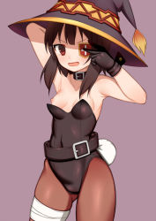 Rule 34 | 1girl, :d, armpits, bandaged leg, bandages, black gloves, black leotard, breasts, brown background, brown hair, brown hat, brown pantyhose, commentary request, cowboy shot, eyepatch, gloves, hat, kono subarashii sekai ni shukufuku wo!, leotard, long hair, medium breasts, megumin, nipples, open mouth, pantyhose, playboy bunny, rabbit girl, rabbit tail, red eyes, simple background, smile, solo, standing, strapless, strapless leotard, tail, toshishikisai, v over eye, wardrobe malfunction, witch hat