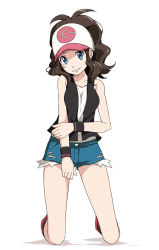 Rule 34 | 1girl, :d, baseball cap, black vest, blue shorts, breasts, breasts squeezed together, brown hair, collarbone, creatures (company), game freak, green eyes, hand on own arm, hat, high ponytail, hilda (pokemon), kneeling, long hair, looking at viewer, medium breasts, nintendo, open mouth, pokemon, pokemon bw, ponytail, shirt, shorts, sidelocks, simple background, sleeveless, smile, solo, torn clothes, torn shorts, tsukishiro saika, two-tone footwear, two-tone headwear, vest, white background, white shirt, wristband