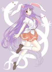 Rule 34 | 1girl, absurdly long hair, animal ears, brown footwear, rabbit ears, closed mouth, commentary request, full body, hattifattener, highres, long hair, looking at viewer, looking to the side, necktie, purple hair, red eyes, red skirt, reisen udongein inaba, shoes, skirt, smile, solo, touhou, urban legend in limbo, usagi koushaku, very long hair, white legwear