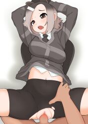 Rule 34 | 1boy, 1girl, bike shorts, black necktie, black shorts, blush, breasts, brown eyes, clothed sex, collared shirt, commentary, eurasian beaver (kemono friends), feet out of frame, gradient hair, grey hair, grey jacket, hair ornament, hairclip, hetero, highres, illu (illu stratos), jacket, kemono friends, looking at viewer, medium breasts, multicolored hair, navel, necktie, open mouth, penis, pov, pov crotch, pov hands, pussy, sex, shirt, short hair, shorts, solo focus, symbol-only commentary, torn clothes, torn shorts, uncensored, vaginal, white shirt
