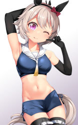 Rule 34 | 1girl, animal ears, black gloves, black hairband, black thighhighs, blue skirt, closed mouth, collarbone, cosplay, cowboy shot, crop top, curren chan (umamusume), elbow gloves, gloves, gradient background, grey background, groin, hairband, highres, horse ears, horse girl, horse tail, i-201 (kancolle), i-201 (kancolle) (cosplay), kantai collection, navel, neckerchief, nontraditional school swimsuit, one eye closed, purple eyes, sailor collar, school swimsuit, short hair, skirt, smile, solo, swimsuit, tail, thigh strap, thighhighs, tongue, tongue out, umamusume, white hair, white sailor collar, yasume yukito