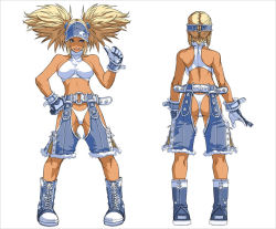 Rule 34 | 1girl, alternate costume, alternate hairstyle, ass, bare shoulders, belt, blonde hair, blue eyes, blue mary, boots, breasts, chaps, crop top, denim, falcoon, fatal fury, gloves, halterneck, halterneck, kof: maximum impact, large breasts, official art, panties, pointing, pointing at self, shoes, shorts, sneakers, snk, solo, tan, the king of fighters, thong, twintails, underwear, visor cap