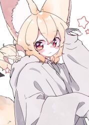 Rule 34 | 1girl, :3, animal, animal ears, animal in clothes, arm up, blonde hair, blush stickers, closed mouth, commentary request, drawstring, fennec fox, fox ears, fox girl, fox tail, grey hoodie, hair between eyes, hood, hood basket, hood down, hoodie, long sleeves, looking at viewer, megateru, original, puffy long sleeves, puffy sleeves, red eyes, simple background, sleeves past wrists, solo, star (symbol), tail, white background