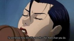 Rule 34 | 00s, 1boy, 1girl, animated, animated gif, blue hair, blush, brown hair, closed eyes, gantz, implied sex, kurono kei, lap, lipstick, lowres, makeup, nipples, nude, open mouth, orgasm, ponytail, red lips, sakuraoka sei, sex, standing, standing missionary, standing sex, sweat, text focus, vaginal