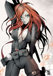 Rule 34 | 1girl, animification, arm behind head, arm up, belt, belt pouch, black widow, black widow (marvel), bodysuit, breasts, cleavage, cowboy shot, green eyes, high contrast, jinbei, large breasts, long hair, marvel, natasha romanoff, open clothes, open suit, pouch, red hair, skin tight, solo, unzipped