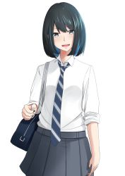 Rule 34 | 1girl, :d, absurdres, arm at side, bag, black hair, blue eyes, blue hair, blue necktie, bob cut, breasts, clip studio paint (medium), collared shirt, commentary, cowboy shot, diagonal stripes, dress shirt, grey skirt, highres, holding, holding bag, long sleeves, looking at viewer, multicolored hair, nail polish, necktie, open mouth, original, pleated skirt, pomme3650, school bag, school uniform, shirt, short hair, simple background, skirt, sleeves rolled up, small breasts, smile, solo, standing, streaked hair, striped necktie, striped neckwear, teeth, two-tone hair, upper teeth only, white background, white necktie, white shirt