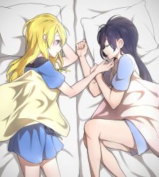 Rule 34 | 10s, 2girls, ayase eli, bare legs, bed, bed sheet, blonde hair, blue eyes, blue hair, cross, cross necklace, closed eyes, futonchan, hand on another&#039;s chin, jewelry, long hair, looking at another, love live!, love live! school idol festival, love live! school idol project, lying, multiple girls, necklace, on side, pillow, sonoda umi, yuri