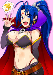 Rule 34 | 1girl, :d, antenna hair, arm warmers, belt, blue eyes, blue hair, blush, breasts, cape, cleavage, cowboy shot, cross, cross earrings, earrings, facial mark, female focus, firo, forehead mark, highres, jewelry, large breasts, long hair, looking at viewer, magical halloween, matching hair/eyes, nail polish, navel, open mouth, pink background, ponytail, popped collar, rosemary bergamot, smile, solo, standing