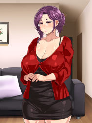 Rule 34 | 1girl, bare legs, black dress, blush, breasts, cleavage, collarbone, couch, dress, enoshima iki, glasses, highres, huge breasts, indoors, legs, long sleeves, looking at viewer, makeup, original, own hands together, pillow, ponytail, purple hair, red eyes, smile, solo, standing, thighs