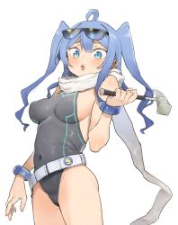 Rule 34 | 1girl, ahoge, atage, blue eyes, blue hair, blush, breasts, cameltoe, cleft of venus, copyright request, covered erect nipples, covered navel, grey leotard, hammer, hand up, holding, holding hammer, large breasts, leotard, long hair, looking at viewer, open mouth, parted lips, scarf, simple background, solo, sunglasses, twintails, white background, white scarf, wristband
