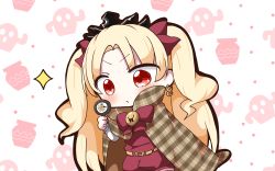 Rule 34 | 1girl, absurdres, blonde hair, blush, bow, cactus, cape, closed mouth, commentary request, earrings, ereshkigal (fate), fate/grand order, fate (series), hair bow, highres, holding, infinity symbol, jako (jakoo21), jewelry, long hair, long sleeves, magnifying glass, parted bangs, plaid, plaid cape, pot, red bow, red eyes, short jumpsuit, solo, sparkle, tiara, tohsaka rin, two side up, very long hair, white background