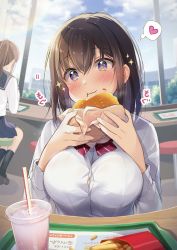 Rule 34 | + +, 2girls, :t, black hair, black sailor collar, black skirt, blush, breasts, brown hair, burger, closed mouth, collared shirt, commentary request, cup, day, disposable cup, dress shirt, drinking straw, earrings, facing away, fast food, food, food on face, french fries, hair between eyes, heart, highres, holding, holding food, indoors, jewelry, long hair, medium breasts, multiple girls, original, pleated skirt, ponytail, purple eyes, sailor collar, school uniform, serafuku, shiro kuma shake, shirt, skirt, solo focus, spoken heart, stool, wavy hair, white shirt, window