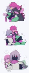 Rule 34 | &gt; &lt;, ..., 1boy, 1girl, 1other, androgynous, anger vein, antenna hair, armlet, armor, black jacket, black skin, blue skin, bracelet, breastplate, child, clenched teeth, clothes grab, colored skin, covered eyes, cropped torso, deltarune, dress, furry, furry female, furry male, glasses, glowing, glowing eye, green-framed eyewear, green dress, green headwear, grey hair, hand on another&#039;s shoulder, hat, highres, jacket, jewelry, kris (deltarune), medium hair, no mouth, open mouth, osushi (nbranm), pauldrons, pink scarf, pink skin, purple hair, ralsei, reaching, reaching towards viewer, round eyewear, scarf, shaded face, sharp teeth, short hair, shoulder armor, simple background, sleeveless, sleeveless jacket, spiked armlet, spiked bracelet, spikes, spoken ellipsis, susie (deltarune), sweat, teeth, upper body, white background, yellow nails