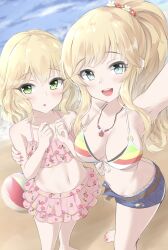 2girls absurdres belt blonde_hair blue_eyes breasts cleavage flat_chest green_eyes highres idolmaster idolmaster_cinderella_girls jewelry medium_breasts minamoto0408 multiple_girls nail_polish navel necklace ohtsuki_yui ponytail sakurai_momoka sand swimsuit