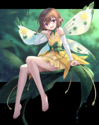 Rule 34 | 1girl, :d, absurdres, bare legs, barefoot, brown hair, butterfly wings, detached sleeves, dress, full body, hair between eyes, highres, insect wings, long sleeves, looking at viewer, mini person, minigirl, open mouth, original, pointy ears, purple eyes, shichigatsu, short dress, short hair, sitting, sleeveless, sleeveless dress, smile, solo, white sleeves, wings, yellow dress