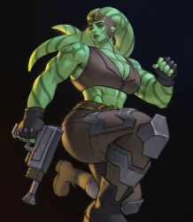 Rule 34 | absurdres, alien, breasts, cleavage, clenched hand, colored skin, facial mark, fingerless gloves, gloves, green skin, gun, handgun, highres, large breasts, looking to the side, mihail dava, muscular, muscular female, on one knee, saleen jarvik (ivynotorious), star wars, tank top, tentacle hair, thick thighs, thighs, twi&#039;lek, weapon