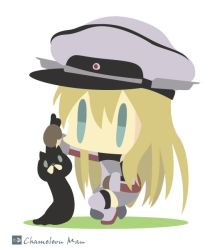 Rule 34 | 10s, 1girl, artist name, bad id, bad twitter id, bismarck (kancolle), blonde hair, blue eyes, cat, chameleon man (three), chibi, flat color, hat, kantai collection, long hair, no lineart, peaked cap, solo, unsinkable sam