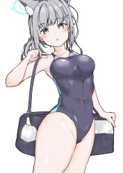 Rule 34 | 1girl, absurdres, animal ear fluff, animal ears, bag, black one-piece swimsuit, blue archive, blue eyes, breasts, collarbone, competition swimsuit, covered navel, cowboy shot, cross hair ornament, extra ears, genjou92, grey hair, hair ornament, halo, highleg, highleg swimsuit, highres, leaning forward, low ponytail, medium breasts, medium hair, mismatched pupils, multicolored clothes, multicolored swimsuit, official alternate costume, one-piece swimsuit, shiroko (blue archive), shiroko (swimsuit) (blue archive), simple background, solo, swimsuit, thighs, white background, wolf ears