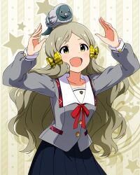 Rule 34 | 1girl, :d, animal, animal on head, arms up, bird, bird on head, black skirt, breasts, buttons, collar, collarbone, cowboy shot, dot nose, fluffy hair, grey serafuku, grey shirt, handa roco, idolmaster, idolmaster million live!, idolmaster million live! theater days, junior high schoolmate (idolmaster), light blush, light brown hair, long hair, long sleeves, looking up, neck ribbon, official alternate costume, official art, on head, open mouth, parted bangs, pigeon, plaid, plaid collar, plaid ribbon, pleated skirt, red ribbon, ribbon, school uniform, serafuku, shirt, skirt, small breasts, smile, solo, star (symbol), starry background, twintails, very long hair, wavy hair, white collar, yellow ribbon