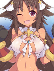Rule 34 | 1girl, absurdres, artist request, breasts, brown hair, cosplay, dark skin, fang, hair flaps, highres, kaori (princess connect!), large breasts, long hair, navel, one eye closed, princess connect!, red eyes, smile, solo, tan, very long hair, yui (ceremonial) (princess connect!), yui (princess connect!), yui (princess connect!) (cosplay)