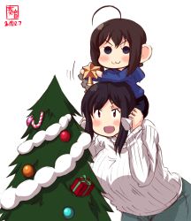 Rule 34 | 2girls, :3, absurdres, aged down, ahoge, alternate costume, artist logo, bauble, black hair, blue eyes, blue hoodie, blush, box, brown hair, candy, candy cane, carrying, child, christmas, christmas ornaments, christmas tree, commentary request, dated, food, gift, gift box, hair ornament, highres, hood, hood down, hoodie, kanon (kurogane knights), kantai collection, long sleeves, multiple girls, open mouth, red eyes, ribbed sweater, shigure (kancolle), short hair, shoulder carry, simple background, smile, star (symbol), sweater, turtleneck, turtleneck sweater, white background, white sweater, yamashiro (kancolle)