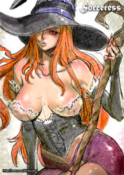 Rule 34 | 1girl, bad id, bad pixiv id, breasts, cleavage, corset, dragon&#039;s crown, dress, elbow gloves, gloves, hat, large breasts, lips, red eyes, red hair, rod, skirt, solo, sorceress (dragon&#039;s crown), staff, strapless, strapless dress, vanillaware, witch hat, yumeji kiriko