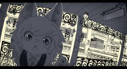 Rule 34 | 1girl, animal ears, backlighting, cat girl, chestnut mouth, fisheye, furry, furry female, highres, koucha inu, letterboxed, looking at viewer, monochrome, necktie, open mouth, outline, solo