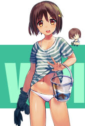 Rule 34 | 1girl, :d, absurdres, arm at side, blush, bob cut, border, bra, breasts, brown eyes, brown hair, bucket, character name, chibi, chibi inset, chinese commentary, clothes lift, collarbone, commentary, cowboy shot, gloves, gluteal fold, green background, green shirt, hair between eyes, hair ornament, hairclip, highres, holding, holding bucket, holding clothes, holding gloves, letterboxed, lifting own clothes, looking at viewer, lowleg, lowleg panties, midriff, navel, no pants, open mouth, original, outside border, panties, rubber gloves, shirt, shirt lift, short hair, short sleeves, side-tie panties, small breasts, smile, solo, standing, starfish, striped clothes, striped shirt, t-shirt, teeth, thigh gap, two-tone shirt, underwear, upper teeth only, v-shaped eyebrows, vivi (zhongye yu), w, water, white border, white bra, white panties, white shirt, zhongye yu