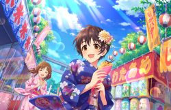 Rule 34 | 10s, 2girls, artist request, blue kimono, blue sky, blush, breasts, brown eyes, brown hair, cloud, day, festival, floral print, flower, food, food on face, hair flower, hair ornament, holding, idolmaster, idolmaster cinderella girls, idolmaster cinderella girls starlight stage, japanese clothes, kimono, large breasts, multiple girls, official art, oikawa shizuku, open mouth, outdoors, pink kimono, pocky, short hair, sky, smile, sunlight, torii, totoki airi, tree, twintails, wide sleeves, yukata