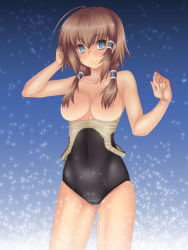 Rule 34 | 1girl, ahoge, bad id, bad pixiv id, bare shoulders, blue eyes, blush, breasts, brown hair, cameltoe, censored, clothes pull, collarbone, convenient censoring, hair censor, hair over breasts, kairichan, kayleigh glanzelius, large breasts, one-piece swimsuit, one-piece swimsuit pull, osafune kairi, otome wa boku ni koishiteru, otome wa boku ni koishiteru futari no elder, sidelocks, smile, solo, sparkle, standing, swimsuit, twintails