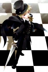 Rule 34 | 1boy, blonde hair, cape, checkered floor, gloves, green eyes, hat, hat ribbon, highres, male focus, pin, ribbon, solo, sword, top hat, weapon
