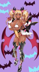 Rule 34 | 1girl, absurdres, artist request, bat (symbol), blonde hair, blue eyes, boots, breasts, cameltoe, cleavage, cosplay, costume, covered navel, curvy, dark-skinned female, dark skin, demon girl, fake wings, fingerless gloves, full body, gloves, halloween costume, hand on own hip, highleg, highleg leotard, highres, huge breasts, leotard, long hair, looking at viewer, nail polish, official alternate costume, onizaki kirara, revealing clothes, shiny skin, smile, taimanin (series), taimanin rpgx, thong leotard, twintails, upper body, wings