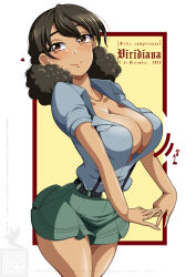 1girl aoshidan_school_uniform artist_logo belt black_belt blue_shirt blush breasts brown_eyes brown_hair character_name cleavage closed_mouth collared_shirt cowboy_shot curly_hair dark-skinned_female dark_skin dated girls_und_panzer green_skirt half-closed_eyes heart highres ichijou_takakiyo interlocked_fingers large_breasts logo looking_at_viewer medium_hair microskirt motion_lines own_hands_together partially_unbuttoned school_uniform shirt short_sleeves skirt smile solo spanish_text standing suspender_skirt suspenders viridiana_(girls_und_panzer)