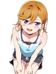 Rule 34 | 1girl, bare shoulders, borgbutler, breasts, downblouse, highres, long hair, looking at viewer, love live!, love live! superstar!!, open mouth, orange hair, purple eyes, shibuya kanon, shorts, simple background, small breasts, smile, solo, white background