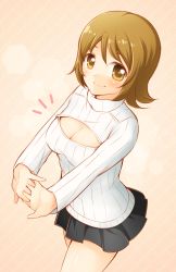 Rule 34 | 10s, 1girl, arakawa tarou, black skirt, blush, breasts, brown hair, cleavage, cleavage cutout, clothing cutout, happinesscharge precure!, highres, large breasts, looking at viewer, meme attire, oomori yuuko, open-chest sweater, pink background, precure, ribbed sweater, short hair, simple background, skirt, smile, solo, sweater, turtleneck