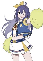 Rule 34 | ahoge, banana3960, blue jacket, blush, cheerleader, commentary request, green eyes, hair between eyes, hairband, hand on own hip, highres, idolmaster, idolmaster million live!, idolmaster million live! theater days, jacket, long hair, looking at viewer, midriff, mochizuki anna, navel, one eye closed, open mouth, pom pom (cheerleading), print shirt, purple hair, shirt, short sleeves, skirt, smile, solo, thighs, white background, white shirt, white skirt, yellow hairband