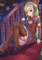 Rule 34 | 1girl, broom, brown thighhighs, fangxiang cuoluan, frills, garter straps, green eyes, green hair, highres, long hair, maid, maid headdress, original, sitting, sitting on stairs, smile, stairs, thighhighs