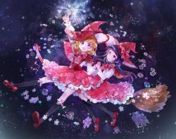 Rule 34 | 2girls, :d, asahina mirai, black socks, blonde hair, bow, broom, broom riding, frills, full body, hat, hat bow, highres, holding hands, izayoi liko, kneehighs, long hair, mahou girls precure!, mary janes, multiple girls, open mouth, pink hat, pink skirt, plaid, plaid bow, precure, purple eyes, purple hair, red footwear, shoes, short hair, skirt, smile, socks, wand, witch hat, yukinokoe