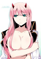 Rule 34 | 10s, 1girl, blue eyes, breasts, character name, closed mouth, commentary request, darling in the franxx, dated, drop shadow, horns, jacket, jacket on shoulders, konshin, large breasts, looking to the side, mouth hold, nude, pink hair, signature, simple background, solo, upper body, white background, zero two (darling in the franxx)