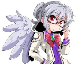 Rule 34 | 1girl, bespectacled, bow, bowtie, dress, glasses, jacket, kishin sagume, long sleeves, open clothes, ponytail, purple dress, red eyes, shinapuu, shirt, short hair, silver hair, single wing, solo, touhou, wings