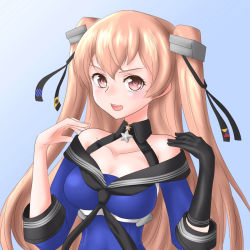 Rule 34 | 1girl, black gloves, black skirt, black thighhighs, blue background, blue shirt, breasts, brown eyes, collarbone, commentary request, cypress, gloves, gradient background, hair ornament, johnston (kancolle), kantai collection, light brown hair, long hair, looking at viewer, medium breasts, off shoulder, pleated skirt, sailor collar, school uniform, serafuku, shirt, single glove, skirt, solo, thighhighs, twintails, two side up, united states medal of honor, upper body