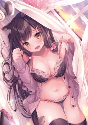 Rule 34 | 1girl, absurdres, animal ears, black bra, black hair, black panties, black thighhighs, blanket, bow, bra, breasts, brown eyes, cat ears, cat girl, cat hair ornament, cat tail, cleavage, commentary request, curtains, dutch angle, fangs, frilled pillow, frills, hair bow, hair ornament, handheld game console, hands up, headphones, headphones removed, heart, highres, indoors, jacket, large breasts, long sleeves, looking at viewer, mole, mole on breast, navel, nemuri nemu, non-web source, open clothes, open jacket, open mouth, original, panties, pillow, pink bow, puffy long sleeves, puffy sleeves, pulling own clothes, purple jacket, sleeves past wrists, solo, strap pull, sunset, tail, thighhighs, underwear, window