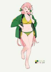 Rule 34 | 1girl, akashi (kancolle), bad id, bad twitter id, barefoot, bikini, character name, full body, gradient bikini, green bikini, green eyes, grey background, hair ribbon, hand on own hip, happi, index finger raised, japanese clothes, kantai collection, long hair, long sleeves, looking at viewer, ojipon, one eye closed, open mouth, pink hair, ribbon, simple background, solo, standing, standing on one leg, swimsuit, tress ribbon