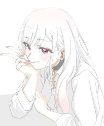 Rule 34 | 1girl, black nails, blush, choker, closed mouth, collared shirt, ear piercing, earrings, fingernails, hair between eyes, hand on own face, head rest, highres, jewelry, kitagawa marin, long hair, long sleeves, looking at viewer, makkori (utoxrjimlx8x49s), nail polish, partially colored, piercing, pink eyes, shirt, sidelocks, simple background, smile, solo, sono bisque doll wa koi wo suru, sweatdrop, upper body, v, white background, white shirt